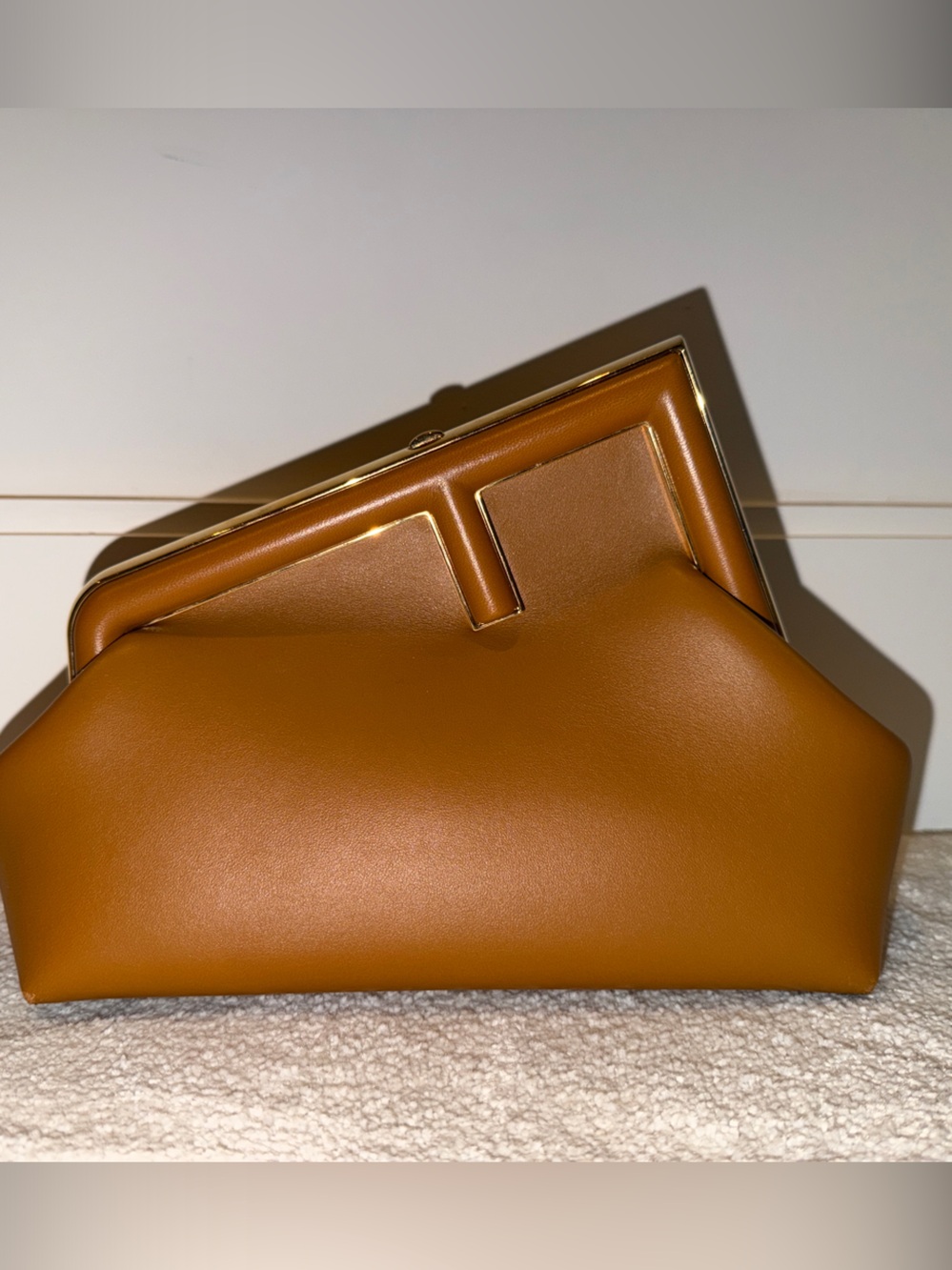 Fendi First Structured Tan Leather Clutch Bag with strap attachment